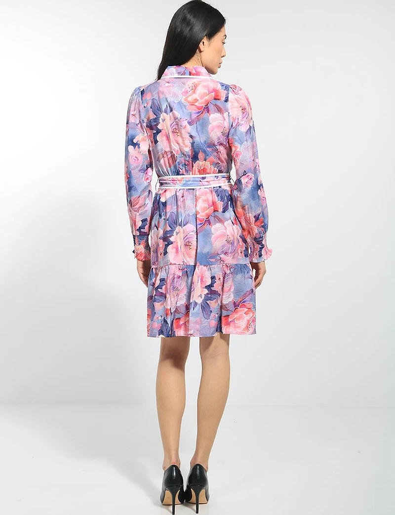 Robe Floral Col Chemise Boutonnée Ceinturée À Manches Longues Par Stella Morgan