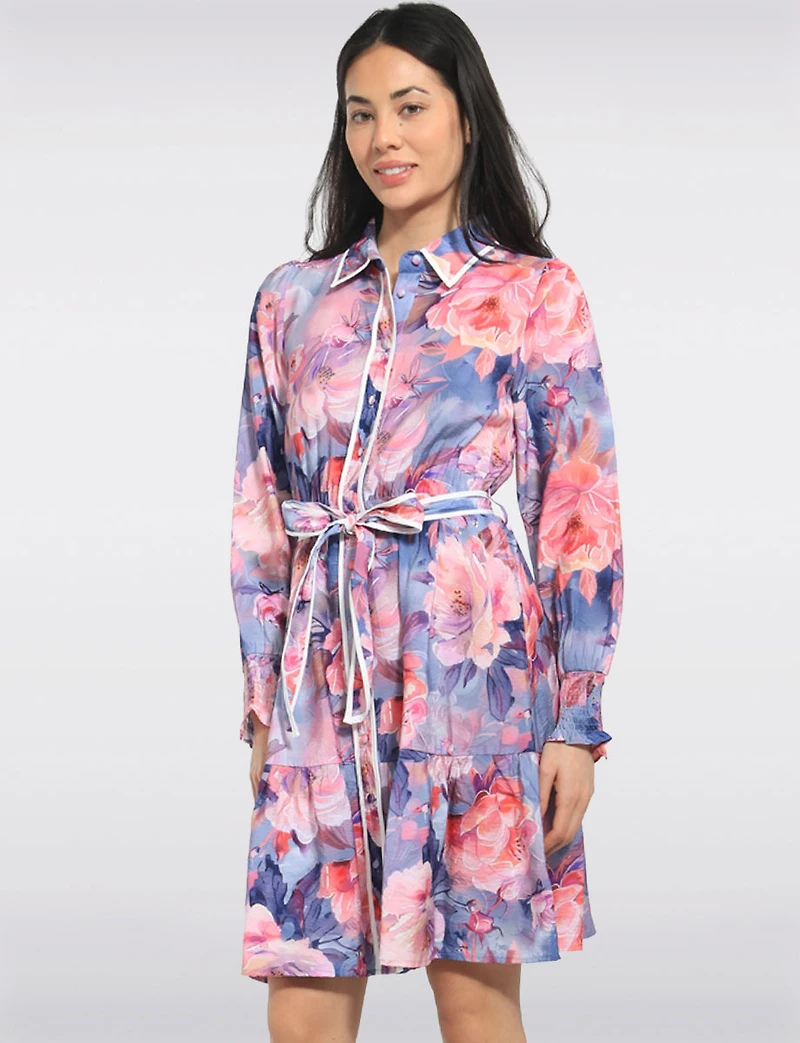 Robe Floral Col Chemise Boutonnée Ceinturée À Manches Longues Par Stella Morgan