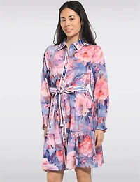 Robe Floral Col Chemise Boutonnée Ceinturée À Manches Longues Par Stella Morgan