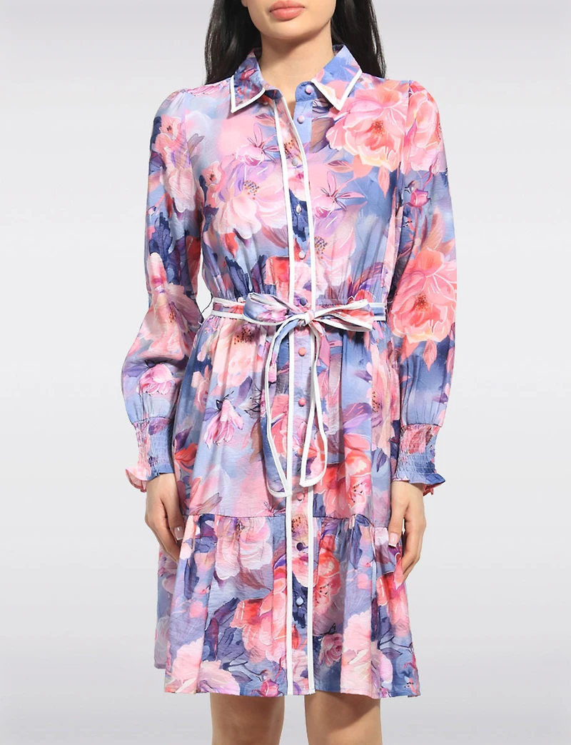 Robe Floral Col Chemise Boutonnée Ceinturée À Manches Longues Par Stella Morgan