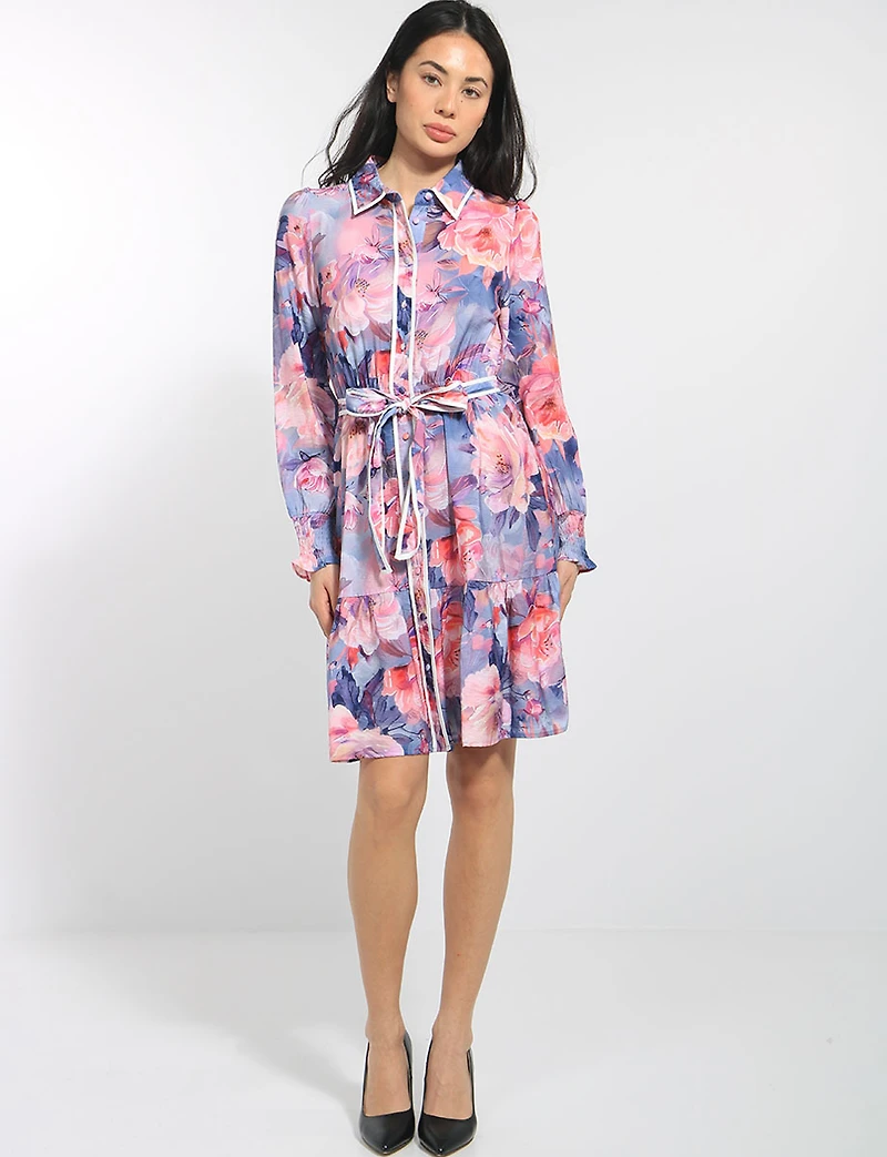 Robe Floral Col Chemise Boutonnée Ceinturée À Manches Longues Par Stella Morgan