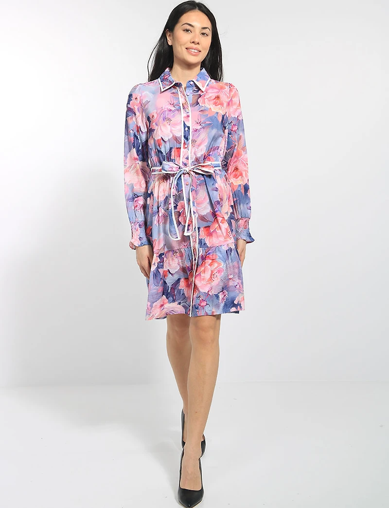 Robe Floral Col Chemise Boutonnée Ceinturée À Manches Longues Par Stella Morgan
