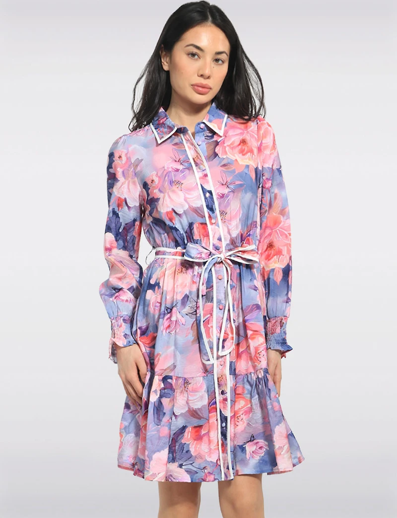 Robe Floral Col Chemise Boutonnée Ceinturée À Manches Longues Par Stella Morgan