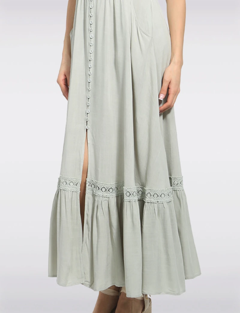 Robe Longue Évasée À Manches Tulipes Boutonnée Et Dentelle Par Stella Morgan