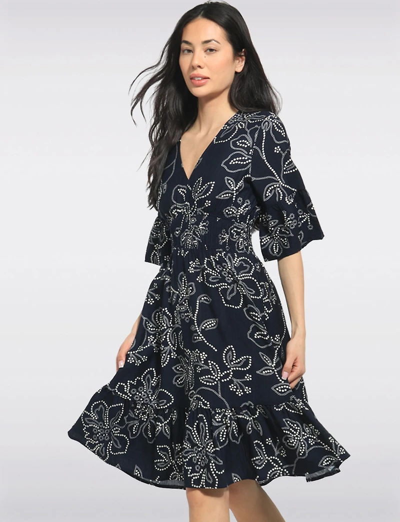 Robe Évasée Mi-longue À Imprimé Floral Pois Manches Courtes Par Stella Morgan