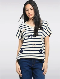 Haut Décontracté En Mélange De Coton Rayé Avec Col V & Appliqués Par Froccella