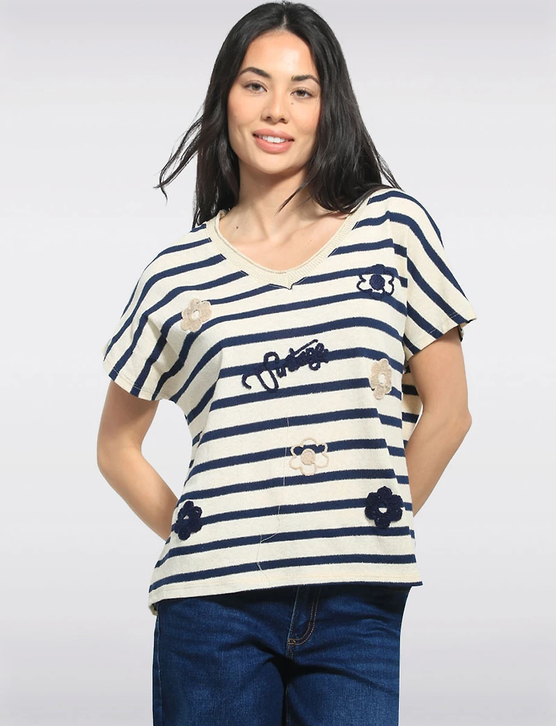 Haut Décontracté En Mélange De Coton Rayé Avec Col V & Appliqués Par Froccella