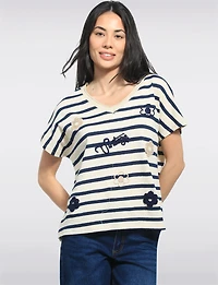 Haut Décontracté En Mélange De Coton Rayé Avec Col V & Appliqués Par Froccella