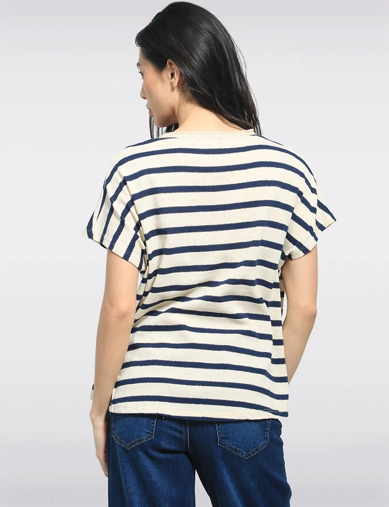 Haut Décontracté En Mélange De Coton Rayé Avec Col V & Appliqués Par Froccella