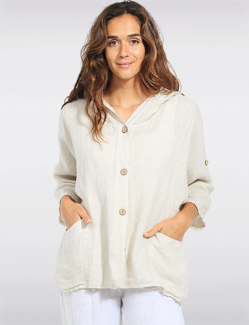 Veste Chemise Lin Capuchon Boutons Effet Bois Boutonnée Poches Par Froccella