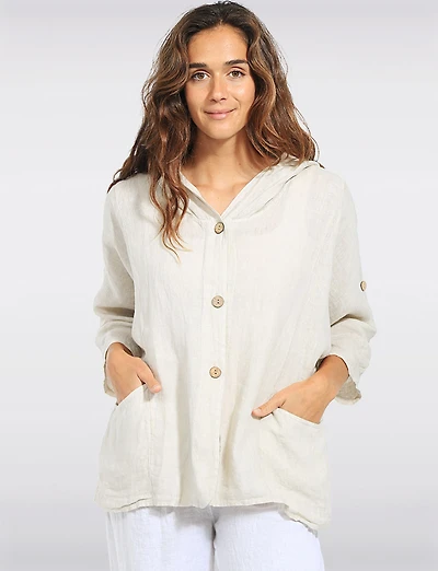 Veste Chemise Lin Capuchon Boutons Effet Bois Boutonnée Poches Par Froccella