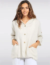 Veste Chemise Lin Capuchon Boutons Effet Bois Boutonnée Poches Par Froccella