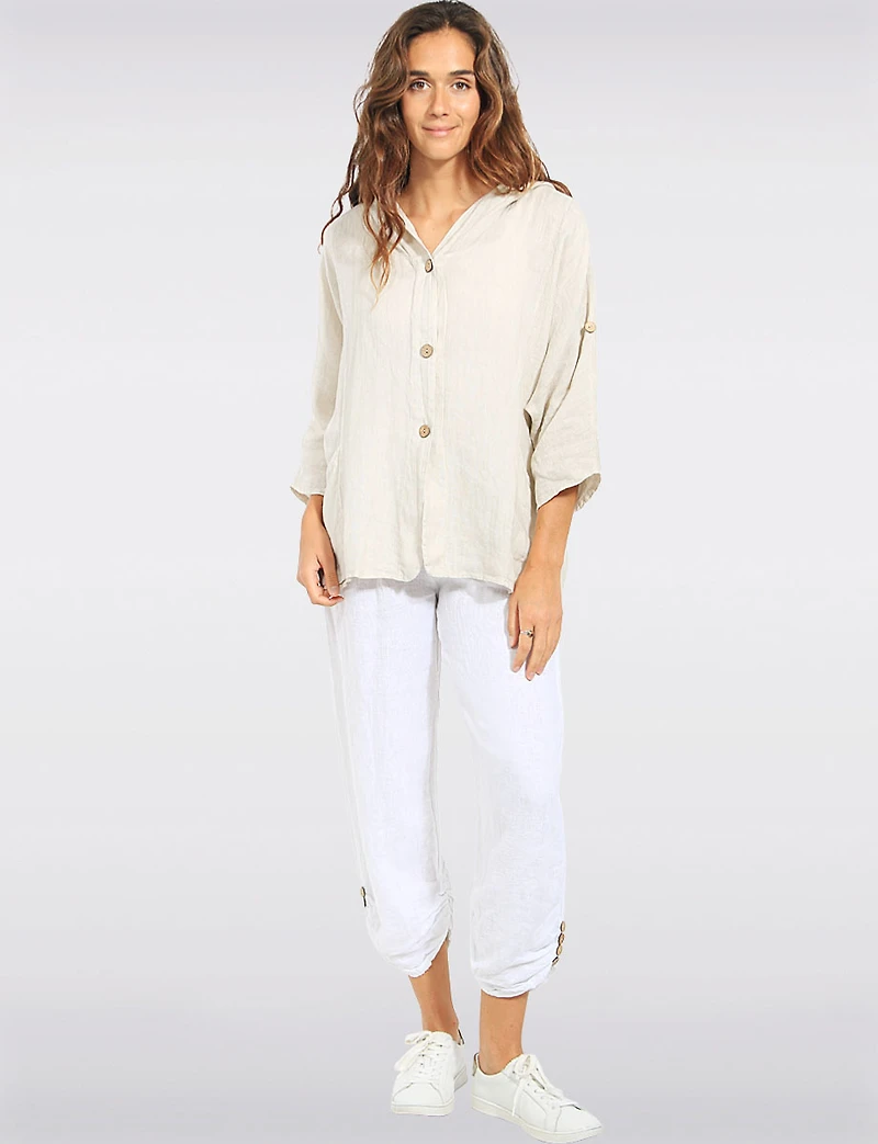 Veste Chemise Lin Capuchon Boutons Effet Bois Boutonnée Poches Par Froccella