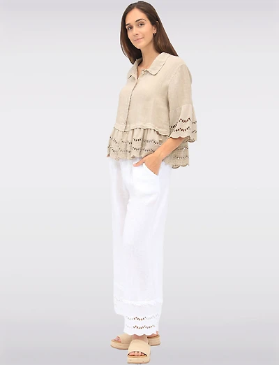 Pantalon Large en Lin avec Bordures Broderie Anglaise et Poches par Froccella