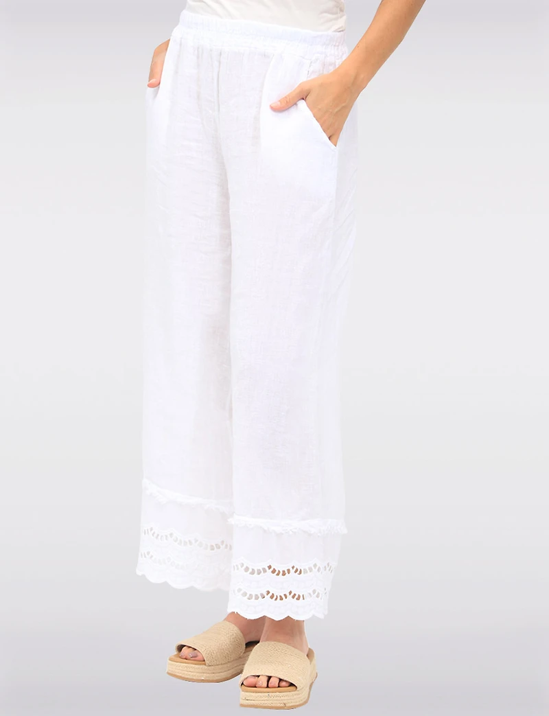 Pantalon Large en Lin avec Bordures Broderie Anglaise et Poches par Froccella