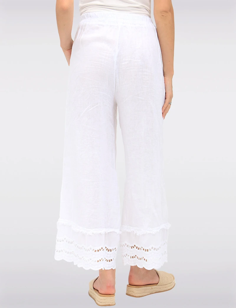 Pantalon Large en Lin avec Bordures Broderie Anglaise et Poches par Froccella