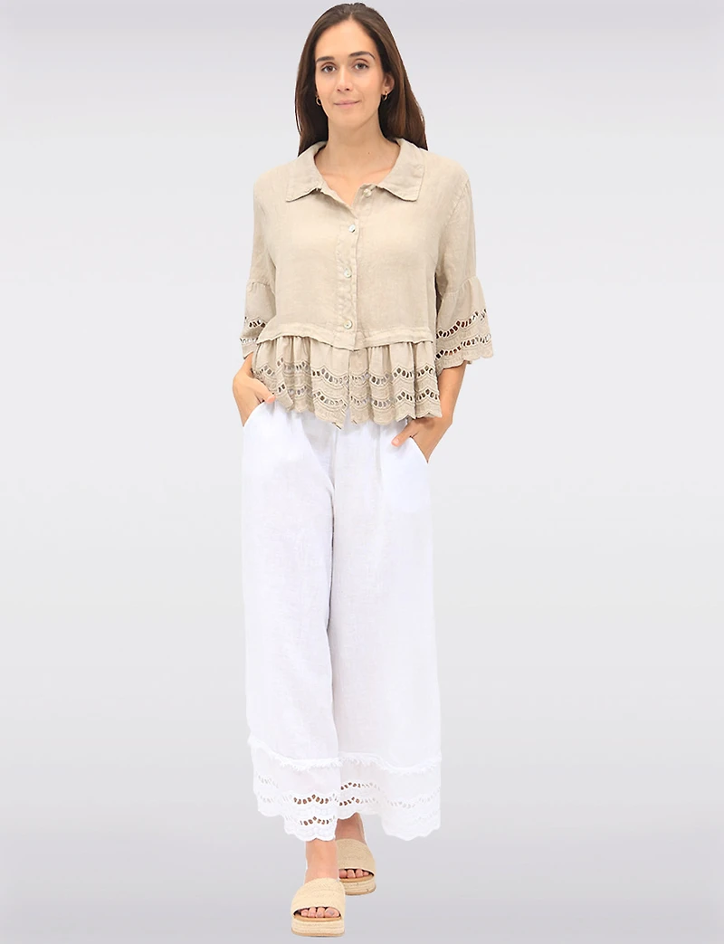 Pantalon Large en Lin avec Bordures Broderie Anglaise et Poches par Froccella