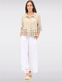 Pantalon Large en Lin avec Bordures Broderie Anglaise et Poches par Froccella