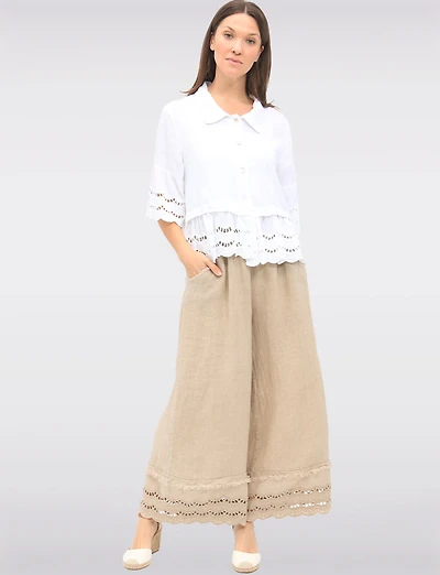 Pantalon Large en Lin avec Bordures Broderie Anglaise et Poches par Froccella