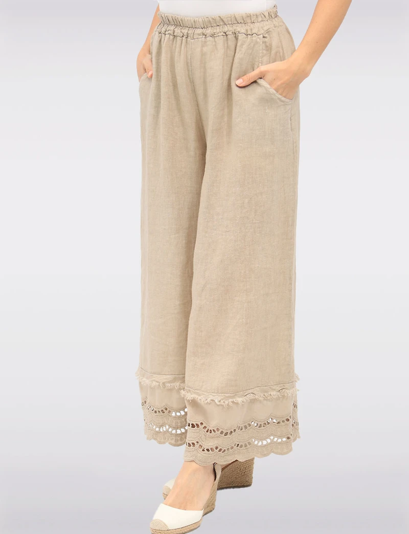 Pantalon Large en Lin avec Bordures Broderie Anglaise et Poches par Froccella