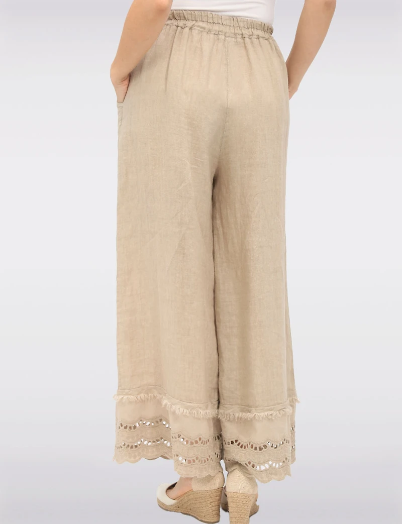 Pantalon Large en Lin avec Bordures Broderie Anglaise et Poches par Froccella
