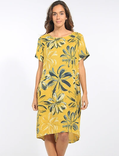Robe Lin Florale Manches Courtes Col Rond Poche Coupe Droite par Froccella
