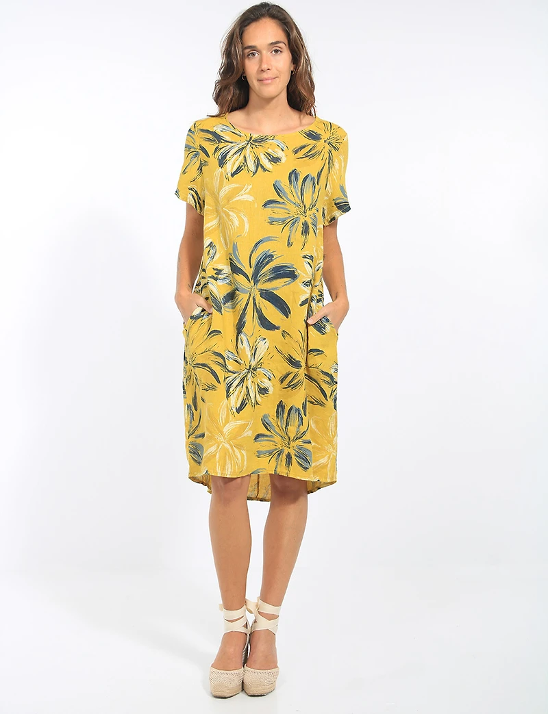Robe Lin Florale Manches Courtes Col Rond Poche Coupe Droite par Froccella