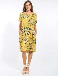 Robe Lin Florale Manches Courtes Col Rond Poche Coupe Droite par Froccella
