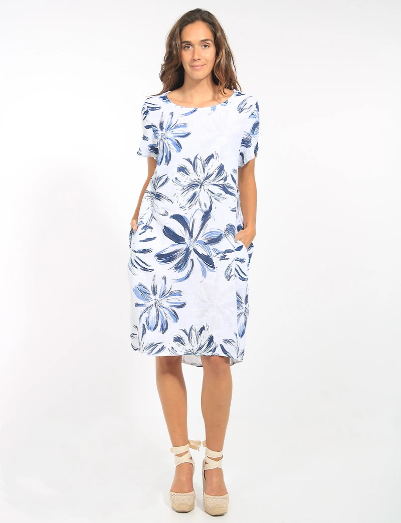 Robe Lin Florale Manches Courtes Col Rond Poche Coupe Droite par Froccella