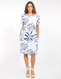 Robe Lin Florale Manches Courtes Col Rond Poche Coupe Droite par Froccella