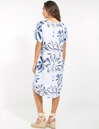 Robe Lin Florale Manches Courtes Col Rond Poche Coupe Droite par Froccella