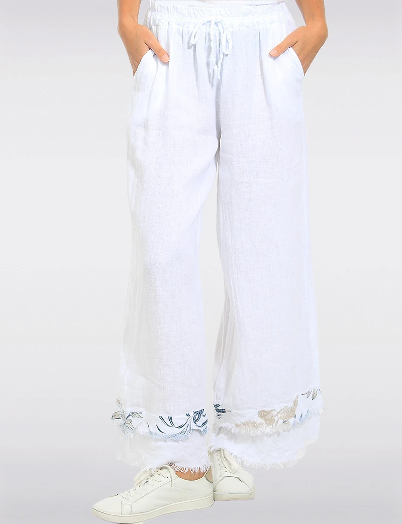 Pantalon Lin Blanc Jambe Large Ourlet Effiloché Accent Floral Par Froccella