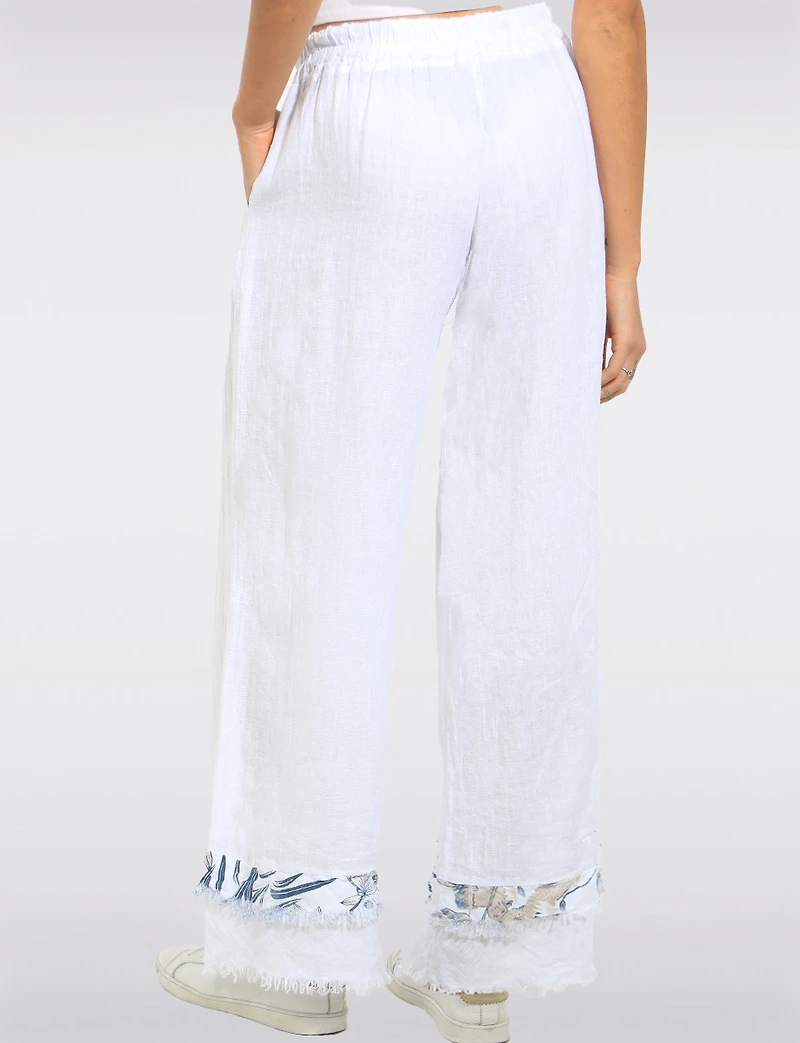Pantalon Lin Blanc Jambe Large Ourlet Effiloché Accent Floral Par Froccella