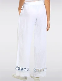 Pantalon Lin Blanc Jambe Large Ourlet Effiloché Accent Floral Par Froccella