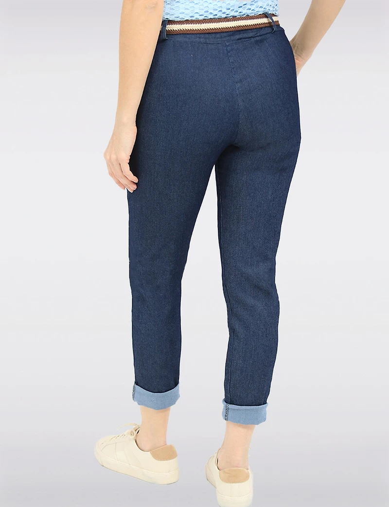 Pantalon Denim Ajusté en Coton Extensible avec Ceinture Amovible par Froccella