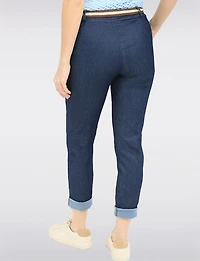 Pantalon Denim Ajusté en Coton Extensible avec Ceinture Amovible par Froccella