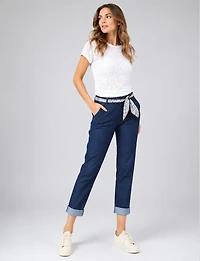 Pantalon Denim Ajusté en Coton Extensible avec Ceinture Amovible par Froccella