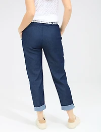 Pantalon Denim Ajusté en Coton Extensible avec Ceinture Amovible par Froccella