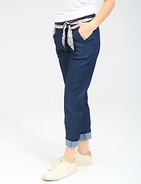 Pantalon Denim Ajusté en Coton Extensible avec Ceinture Amovible par Froccella