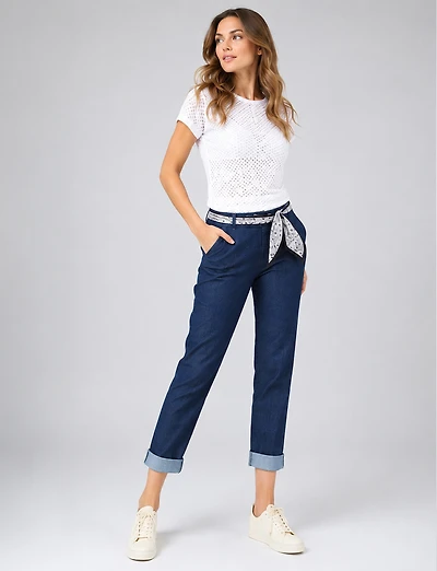 Pantalon Denim Ajusté en Coton Extensible avec Ceinture Amovible par Froccella