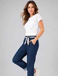 Pantalon Denim Ajusté en Coton Extensible avec Ceinture Amovible par Froccella