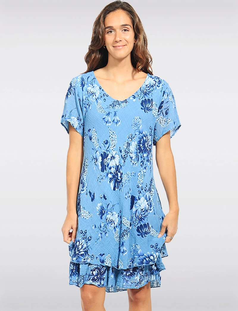 Robe Col en V Manches Courtes À Deux Niveaux Avec Imprimé Floral Par Froccella