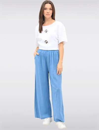 Pantalon Large à Enfiler en Coton avec Taille Élastique & Poches par Froccella