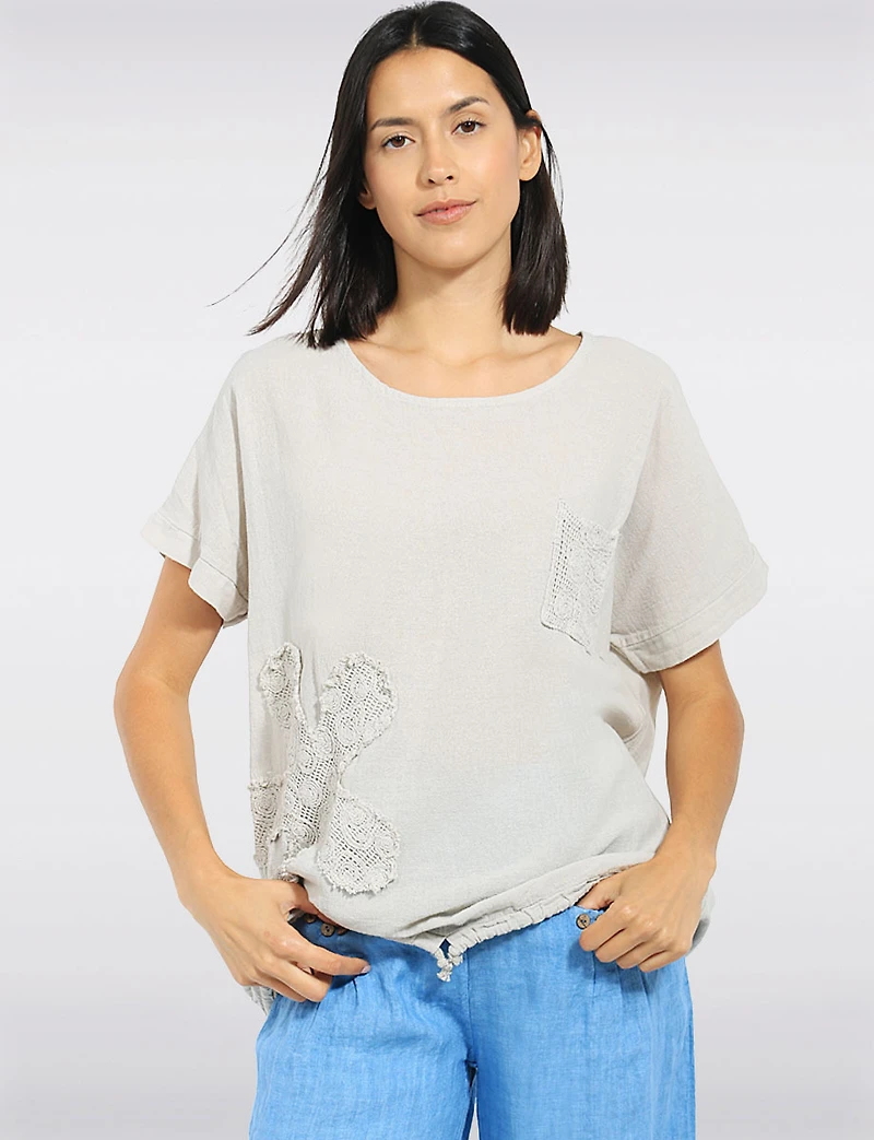 Haut Manches Courtes en Coton Coupe Ample Avec Poche Crochet Par Froccella