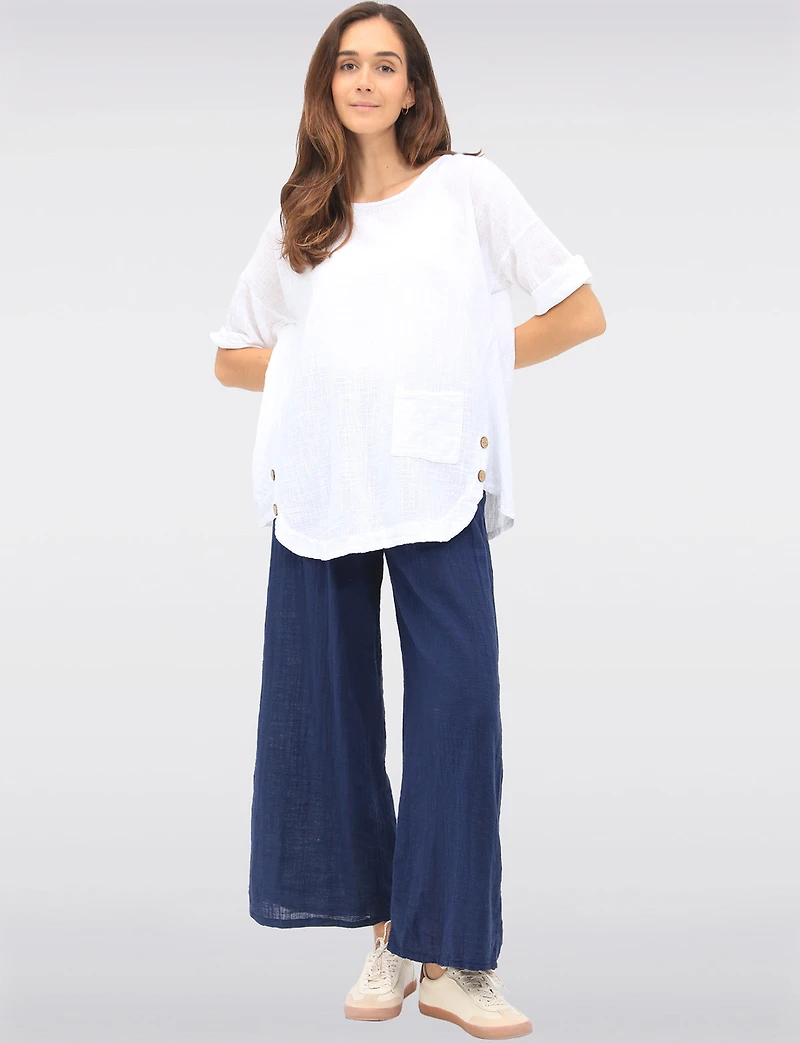 Haut Ample en Coton à Manches Courtes avec Détail Boutons & Poche par Froccella