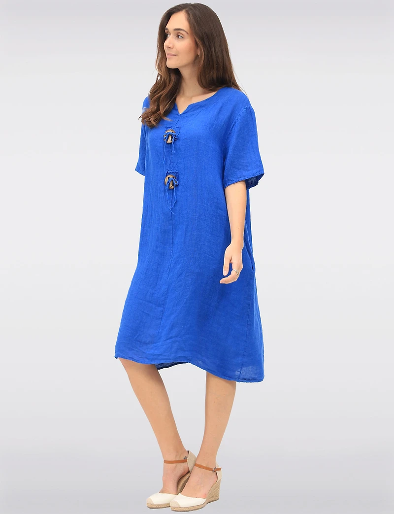 Robe Ample en Lin à Manches Courtes Boutons Décoratives et Poches par Froccella
