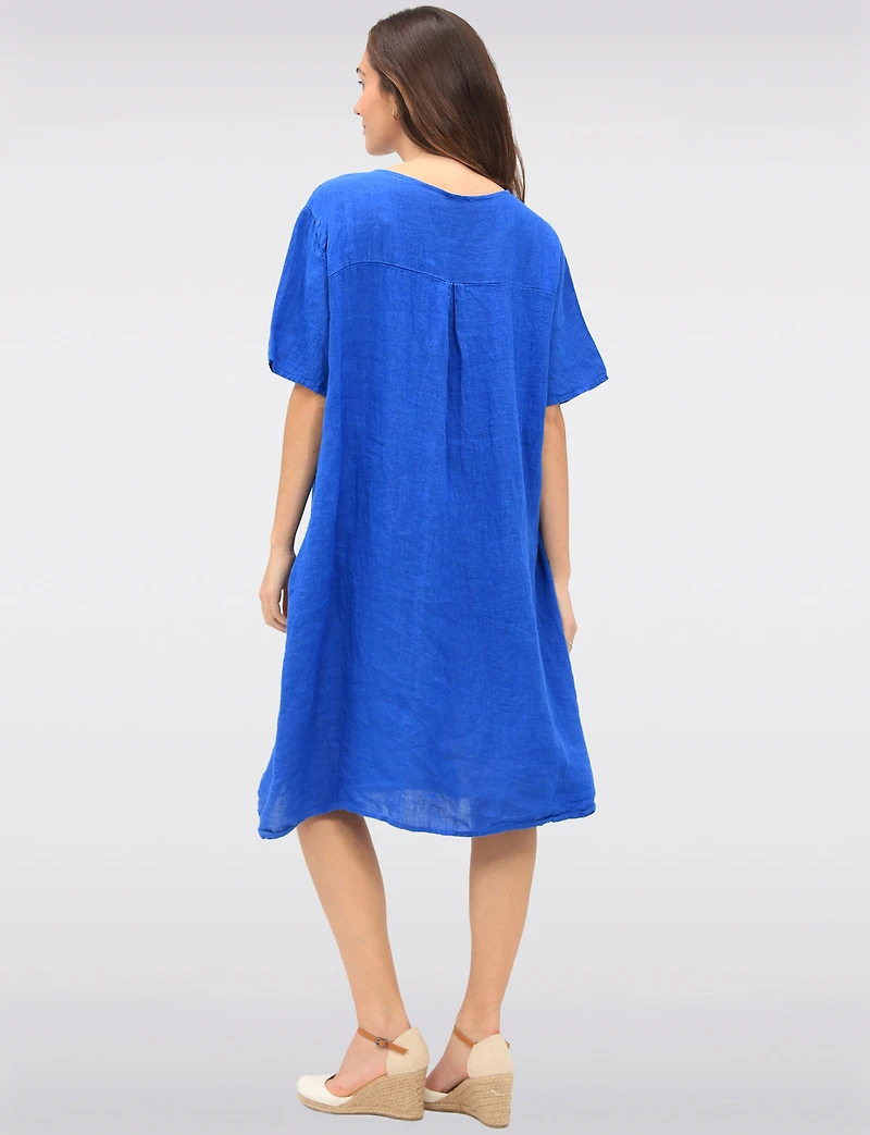 Robe Ample en Lin à Manches Courtes Boutons Décoratives et Poches par Froccella