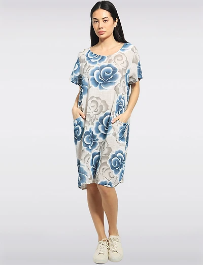 Robe Coton Longueur Genou Imprimé Roses Artistique Poches Plaquées par Froccella