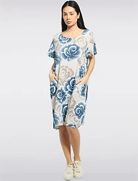 Robe Coton Longueur Genou Imprimé Roses Artistique Poches Plaquées par Froccella