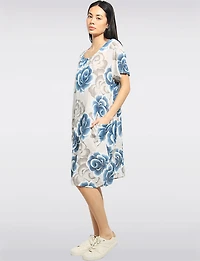 Robe Coton Longueur Genou Imprimé Roses Artistique Poches Plaquées par Froccella